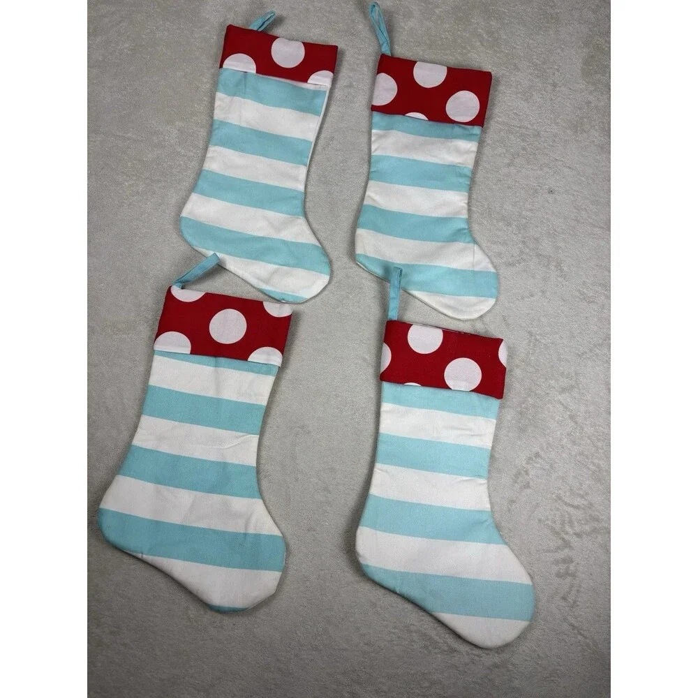 Whimsical Christmas Stockings Holidays Cotton Set Of 4 Stripes Polka Dots Blue